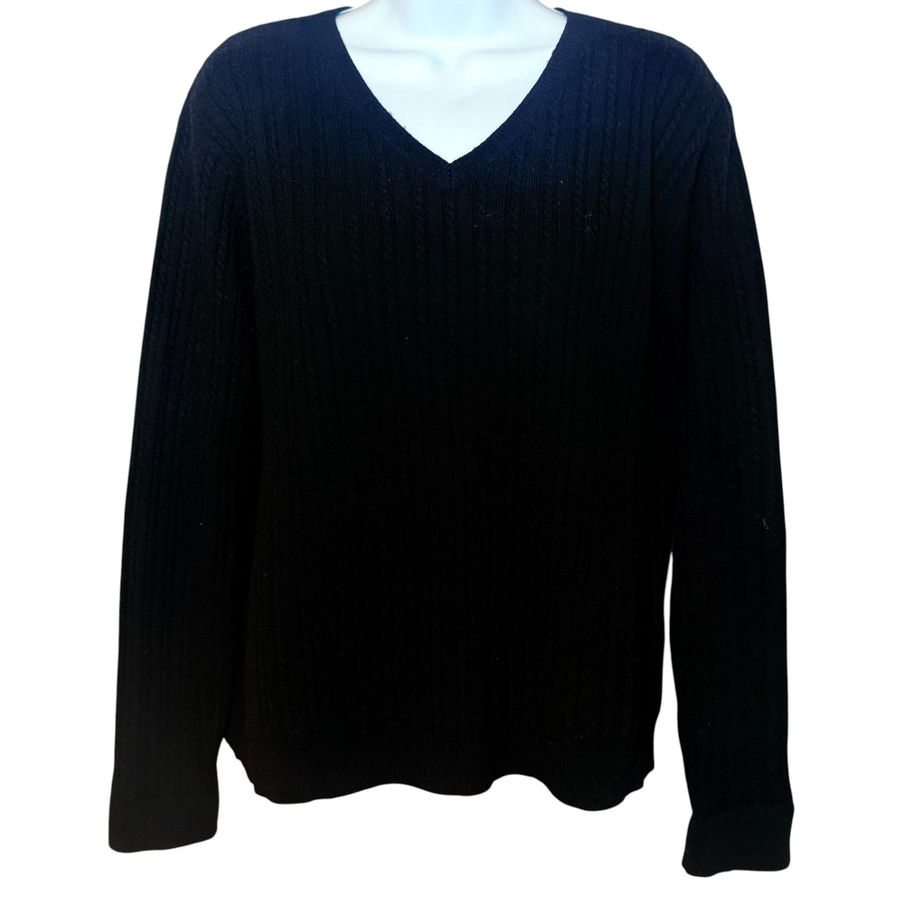 Ralph Lauren Sport Black Wool Cashmere Cable Knit V-Neck Sweater Womens Large